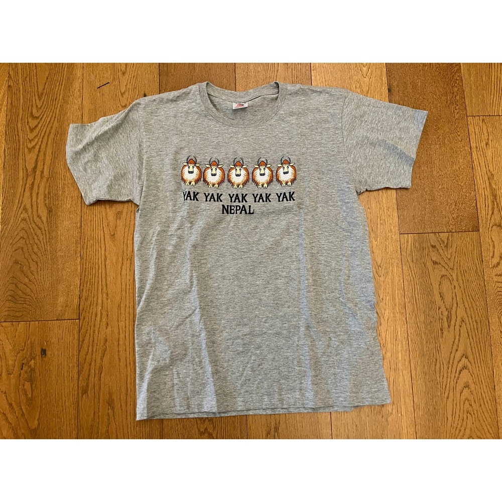 Vintage Kapas Nepal T-Shirt Grey Embroidered Yak Animal Tourist Size L/U.S. M